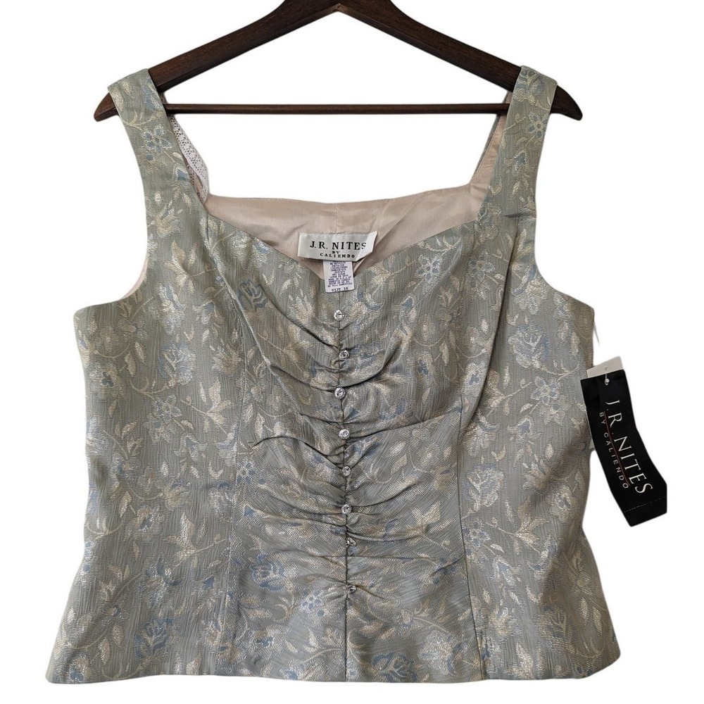 VTG J.R Nites By Corset Silver Floral Shimmer Top 90s  y2k Rhinestone Size 16